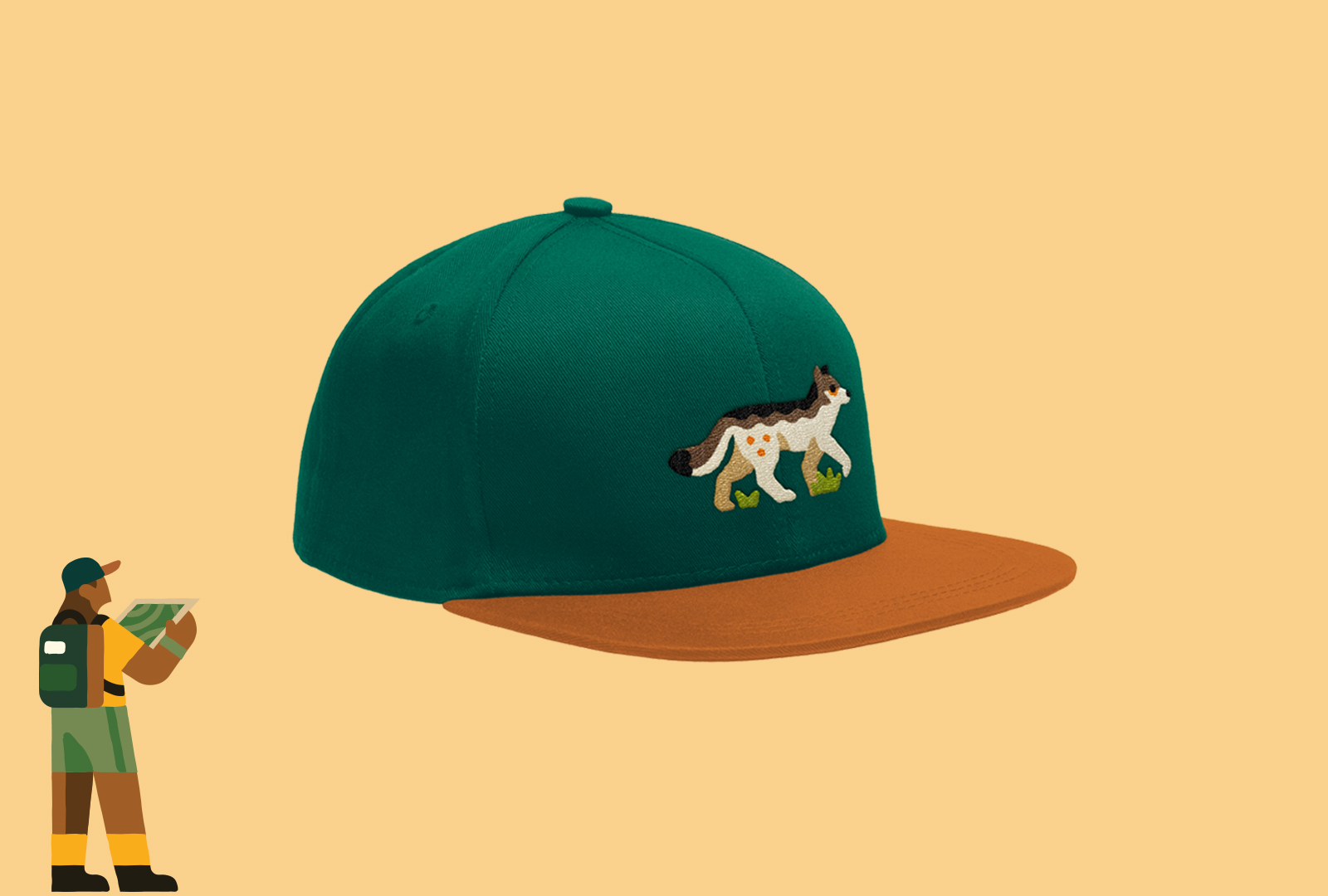 illustrated coyote on a hat graphic