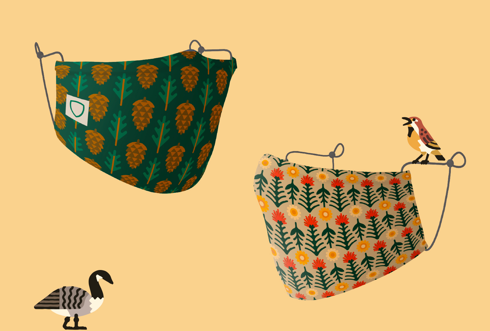 Masks with pinecone and flower patterns