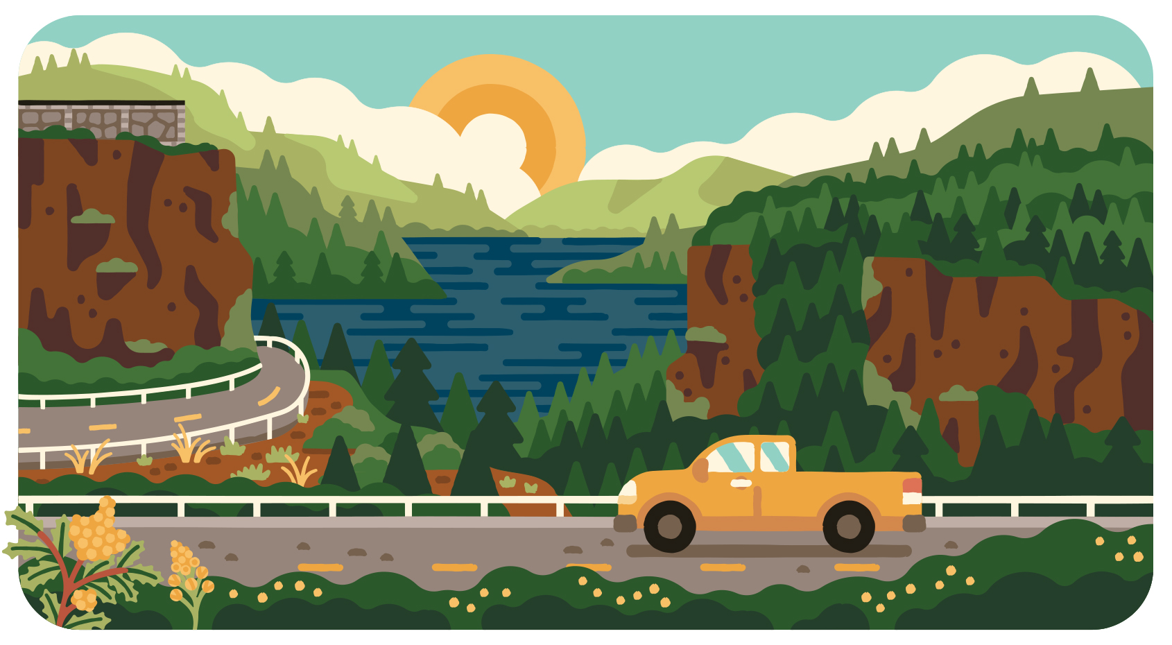 OPRD truck driving alongside a cliff and lake scene illustration