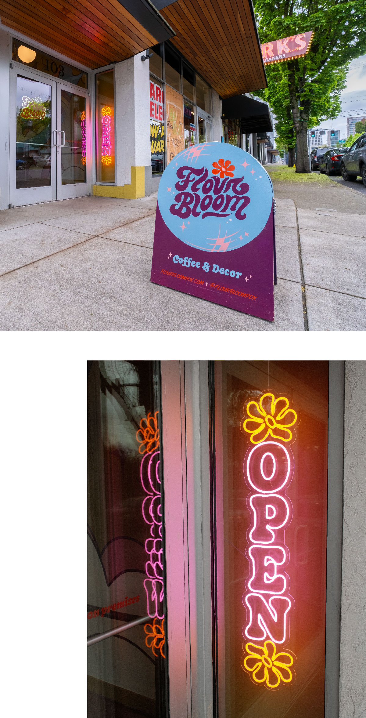 Outside folding Flour Bloom sign and open sign